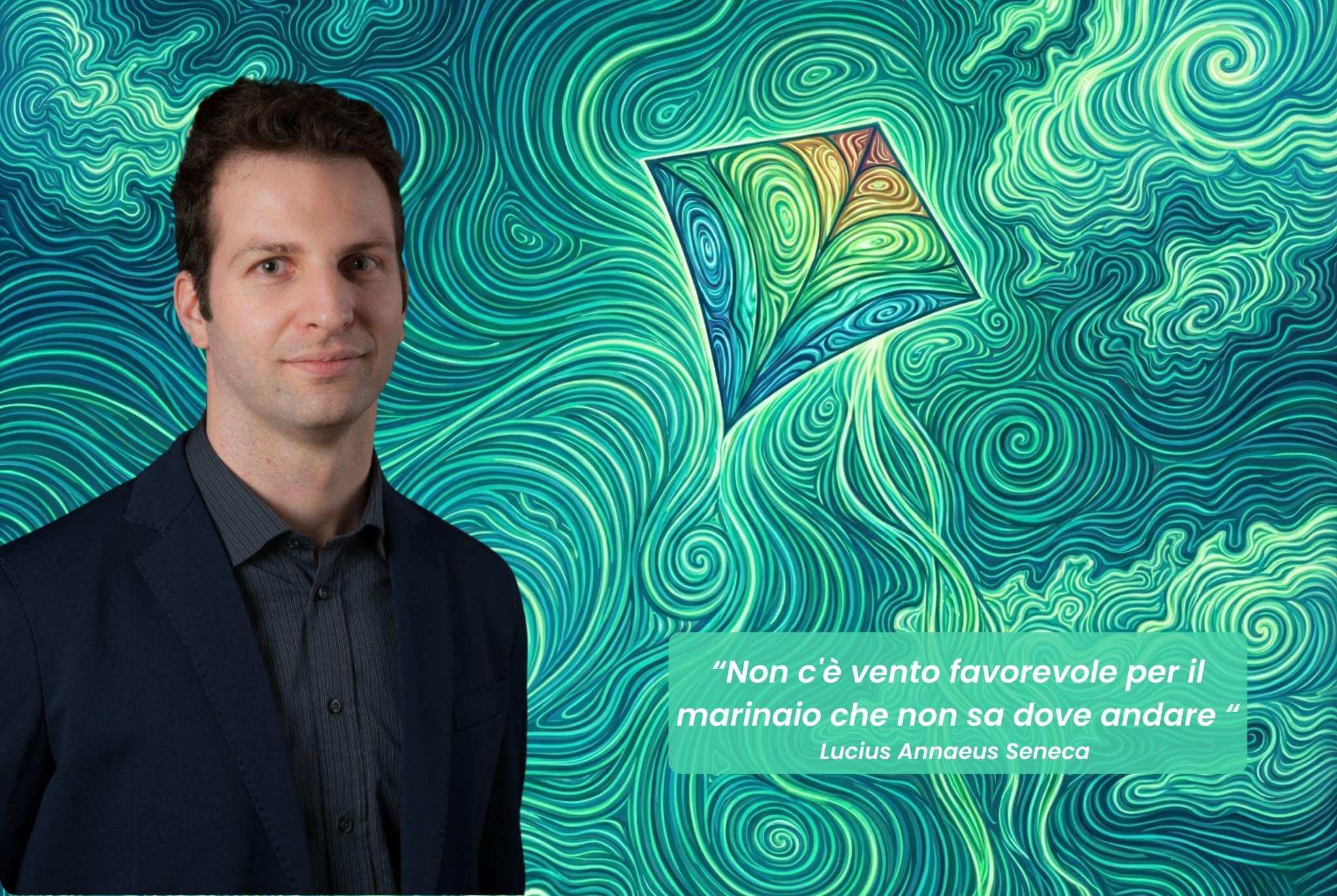 Ritratto di Alessandro Bordignon con citazione di Seneca: "Non c'è vento favorevole per il marinaio che non sa dove andare".